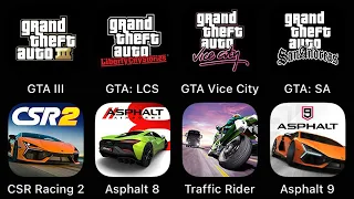 GTA III, GTA: LCS, GTA Vice City, GTA: SA, CSR Racing 2, Asphalt 8, Traffic Rider, Asphalt 9