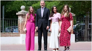 Queen Letizia coordinates in pink with family at Infanta Sofia's confirmation