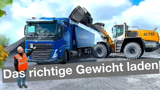 LKW-Fahrer zeigt -  Das passende Gewicht laden mit dem Radlader bei einem Sattelkipper LKW