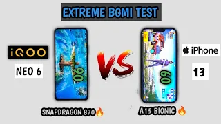 IQOO NEO 6 VS IPHONE 13 PUBG TEST WITH FPS METER | SNAPDRAGON 870 VS A15 BIONIC 🔥