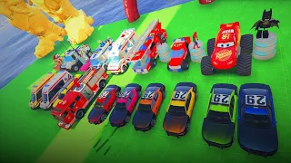 LEGO POLICE CARS, AMBULANCE, FIRE TRUCK WITH SPIDERMAN AND SUPERHEROES  FUNNY DRIVE ON GTA 5