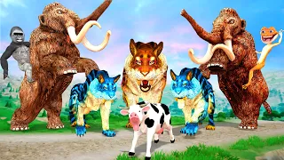3 Mammoth Elephants vs 3 Zombie Tigers vs Giant Gorilla Fight For Baby Cow Cartoon Saved By Mammoth