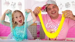 Nastya and papa Pretend Play Making Satisfying Colorful Glitter Glue Slime