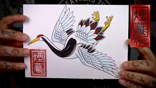 How to draw a Crane (traditional Japanese tattoo)