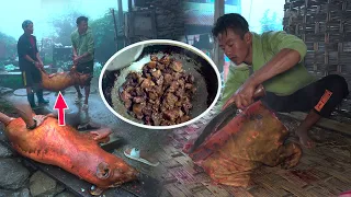 Pig cutting in the Rural village || Village Style pork cutting, cooking and eating || Pork recipe