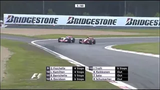 2007 European GP - Fernando Alonso overtakes Felipe Massa for P1