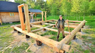 First Row of WALLS for My New Big Log HOME in the Wilderness, Door-Frames, Oak sink, Ep.2