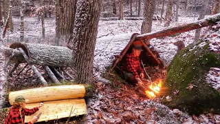 WINTER BUSHCRAFT BUILD NATURAL PRIMITIVE BARK ROOF SHELTER ALONE Campfire Cooking, Wool Blanket Snow