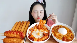 Cheese tteokbokki & Burrata cheese Rose tteokbokki Real sound Mukbang🧡+corn dog, cheese sticks :D