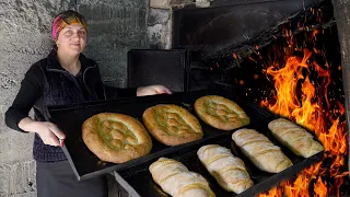 Fresh Breads in the huge oven! - Chicken recipe with fried vegetables in the village