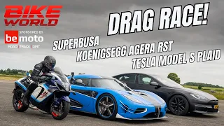 Carwow vs Bike World Drag Race! | Superbusa vs Koenigsegg AGERA RST & Tesla Model S PLAID: