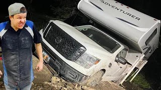 Nissan Titan Camper Stuck In The Mud At Night Almost Rolls!