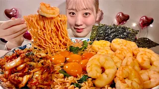 ASMR Korean Spicy Shin Ramen with Giant Shrimp【Mukbang/ Eating Sounds】【English subtitles】