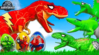 One Spiderman T-Rex vs Other Big Colorful Dinosaurs in Jurassic World! I-Rex vs T-Rex Dino Fight!