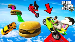 FRANKLIN TRIED IMPOSSIBLE MASSIVE BURGER JUMP PARKOUR RAMP CHALLENGE GTA 5 | SHINCHAN and CHOP