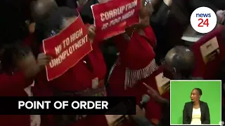 WATCH |  Chaos in Parliament as EFF MPs storm onto Ramaphosa’s stage