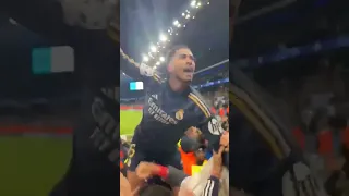 Jude celebrating with Real Madrid fans last night. Iconic 🤍 #UCL