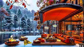 Morning Coffee Porch Ambience with Gentle Falling Snow ☕ Smooth Jazz Instrumental Music for Relaxing