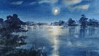 Лунный свет акварелью. Moonlight in watercolor #акварель #пейзажакварелью #watercolor