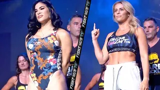 PAIGE VANZANT & RACHAEL OSTOVICH RIPPED FOR WEIGH IN; STARE EACH OTHER DOWN - FULL WEIGH IN