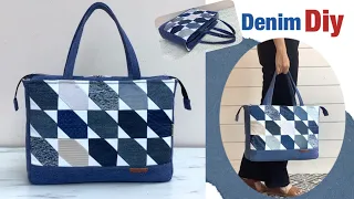 how to sew denim tote bag with zipper tutorial from scrap old jeans ,jeans patchwork tote bag diy.