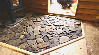 Building A Log Cabin | Ep. 42 | First fire!! Stone floor made from the land