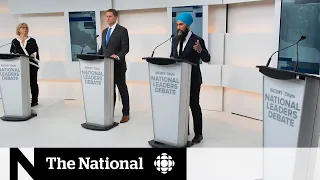 Party leaders square off at 1st federal election debate, without Trudeau