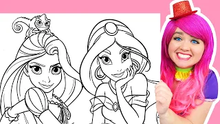 Coloring Disney Princess Ariel, Rapunzel & Jasmine