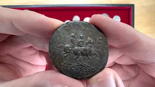Ancient Roman bronze sestertius coin of emperor Nero