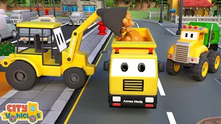 Construction vehicles build a car wash  —excavator, wheel loader, mixer and dump truck for kids