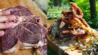 Juicy Steak 🥩with French Fries Cooked in Nature