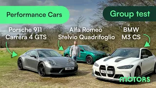 2024 Performance Group Test: Alfa Romeo Stelvio Quadrifoglio, Porsche 911 Carrera 4 GTS, BMW M3 CS.