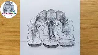 Best friends ❤ pencil Sketch Tutorial || How To Draw three Friends Hugging Each other || Art video