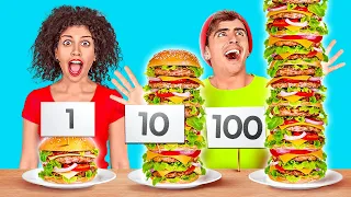 100 LAYERS OF FOOD CHALLENGE! Giant VS Tiny Food for 24 HOURS! 100+ Food Hacks by 123 GO! CHALLENGE