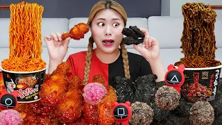 MUKBANG 하이유의 레드 블랙 치킨 치즈볼 불닭볶음면 먹방!  SPICY FRIED CHICKEN BLACK VS RED FOOD Challenge | HIU 하이유