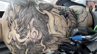 Dragon tattoo with Phoenix tattoo done by Trung Tadashi Artist ( Full back - freehand)