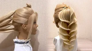 Beautiful hairstyles step by step.Braid of curls in the tail.