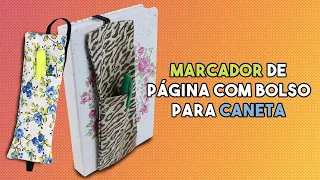 Marca página com porta-caneta em tecido - Sem costura