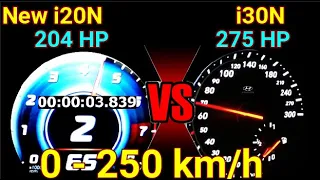 New hyundai i20N 204 hp VS hyundai i30N 275 hp  DragRace sound 0-250 km/h