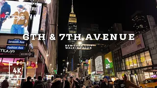New York City walking tour - 6th & 7th Avenue, Manhattan NYC at night 4K