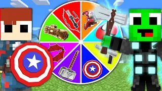 JJ and Mikey PLAY The Roulette of SUPERHERO Weapons in Minecraft  Challenge (Maizen Mizen Mazien)