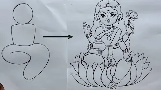 how to draw maa laxmi easy line art step by step for beginners laxmi puja ,laxmi thakur drawing,