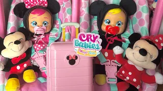 Cry baby dolls Mickey and Minnie packing diaper bag and suitcase for Grandmas house 👵🏼