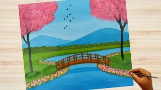 Landscape Painting | River Bridge Scenery Painting | acrylic painting for beginners