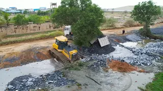 Ultimately New project Starting Process Bulldozer SHANTI Pushes Stone, Dump Truck Unloading Stone