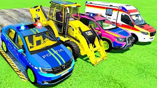 POLICE CARS , CAT LOADER , AMBULANCE TRANSPORTING WITH TRUCKS ! Farming Simulator 22