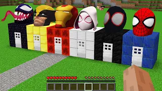 What INSIDE HOUSES SUPERHEROES! SPIDER MAN! MILES MORALES! WOLVERINE! VENOM! IRON MAN! in Minecraft!