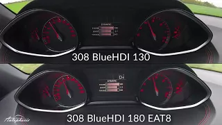 Splitscreen 2018 Peugeot 308 BlueHDI 180 vs. BlueHDI 130: Beschleunigung 0 - 100 km/h - Autophorie