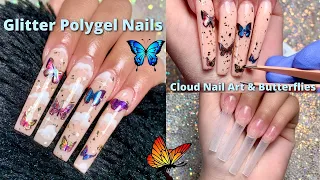 GLITTER POLYGEL NAILS  CLOUD NAIL ART & BUTTERFLY NAIL DESIGN | NAIL TUTORIAL