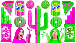 EATING ONLY 1 COLOR FOOD FOR 24 HOURS! Last To STOP Eating PINK VS GREEN Mukbang by Multi DO!